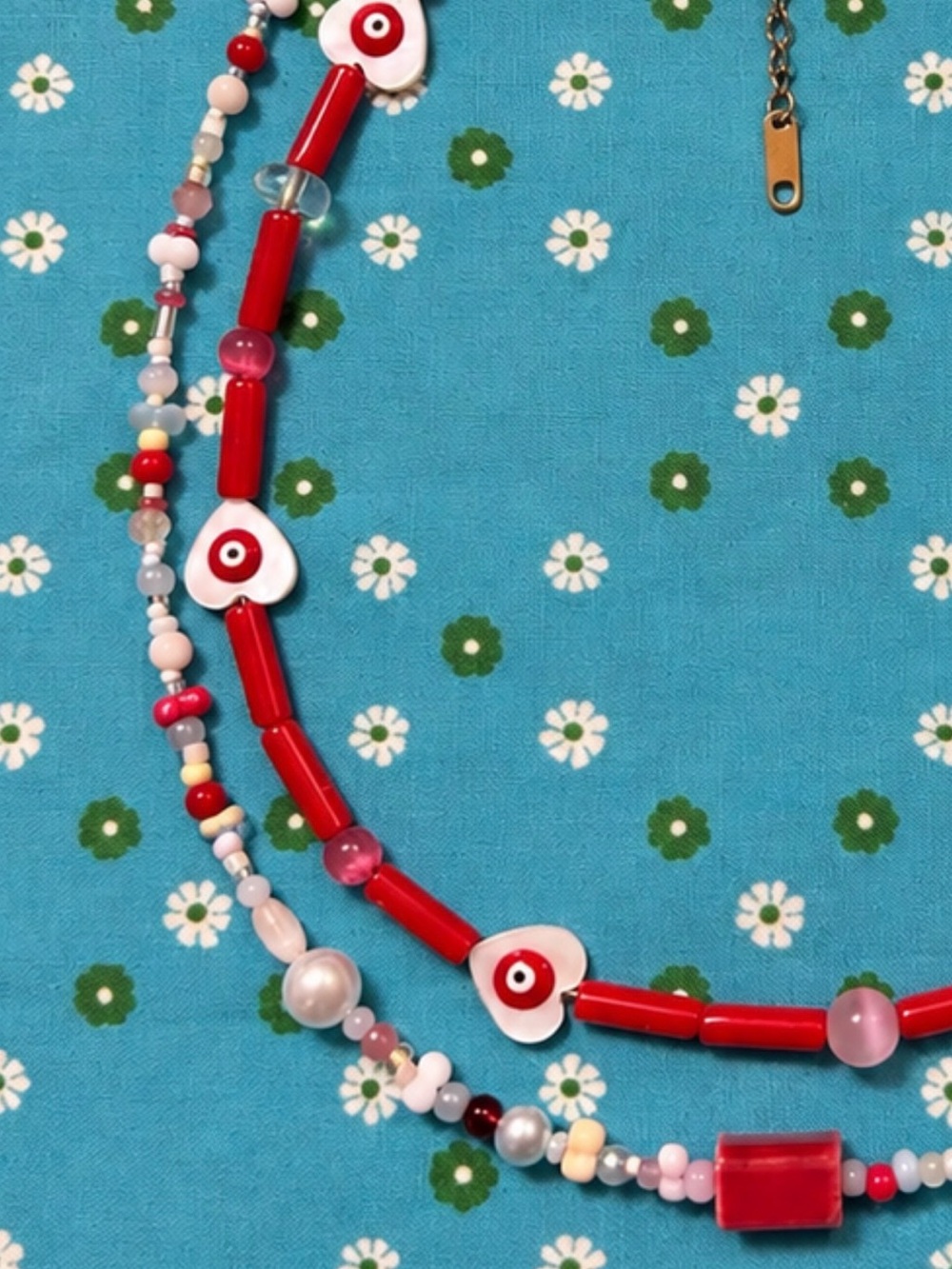 Handmade Double Strand Red Beaded Layered Evil Eye Heart Necklace - Picture 3 of 4